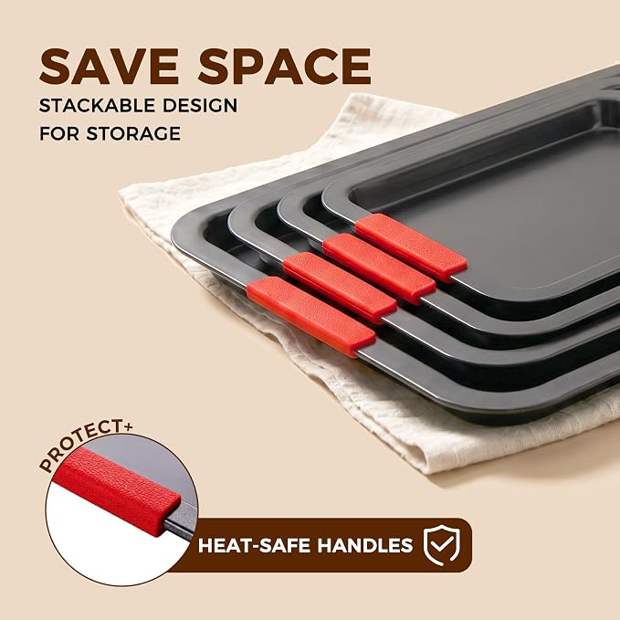 Kikcoin Nonstick Cookie Sheets for Baking Set of 3, Carbon Steel Sheet Pans with Lychee Silicone Handles, 2X Thick Ceramic Coating PFOA-Free, Small Medium Large Stackable Baking Pans for Oven, Grey