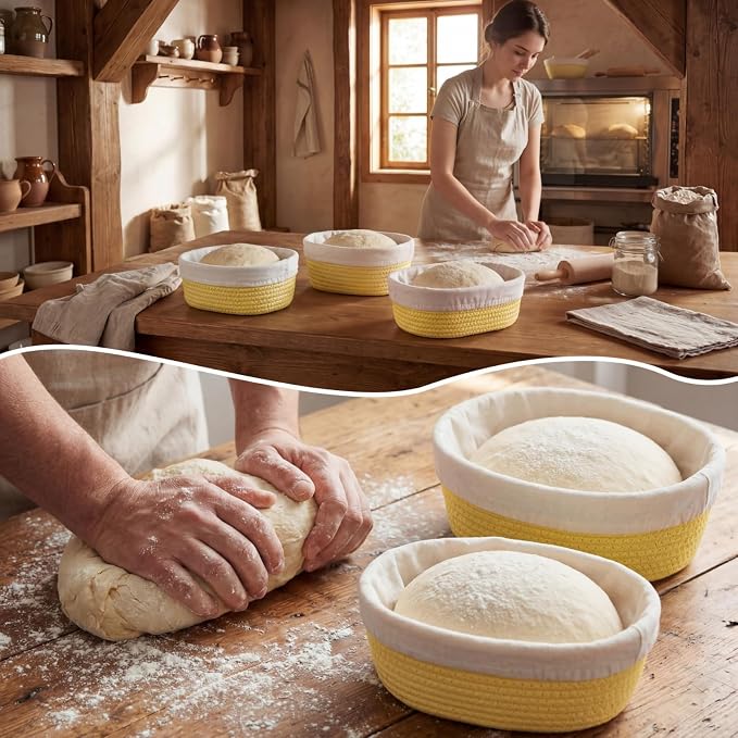 4 Pcs 10 Inch Bread Proofing Basket Set Cotton Rope Oval Banneton Basket Sourdough Bread with Liners Covers for Baking Supplies (Yellow)