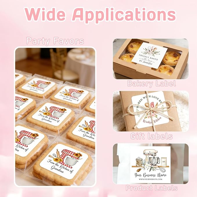 120-1000 Pack Personalized Bakery Labels,Custom Baked with Love Stickers for Homemade Goods,Branding, Packaging,Gift, Custom Cookie Business Stickers, Multiple Sizes (Square)