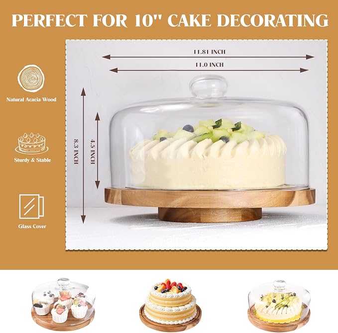 Glass Rotating Cake Stand with Lid - 12" Acacia Wood Cake Plate with Dome, Round Cake Holder with Cover for Wedding, Birthdays, Party Display, Charcuterie Tray, Spinning Cake Turntable, Glass Cake Dome