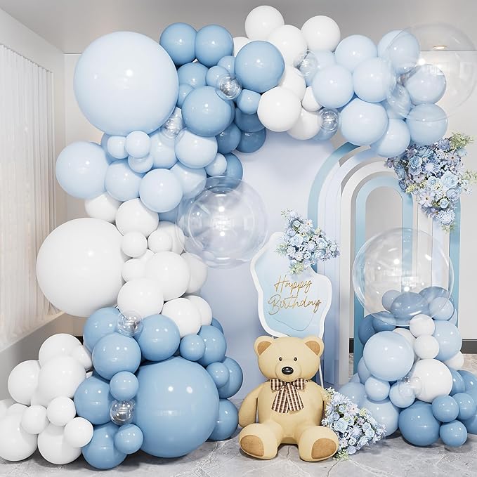Dusty Blue Balloon Arch Kit, 138PCS Blue and White Balloon Garland Arch Kit with Light Blue, White and Clear Balloons for Baby Shower, Bridal Shower, Wedding, Gender Reveal Party Decorations