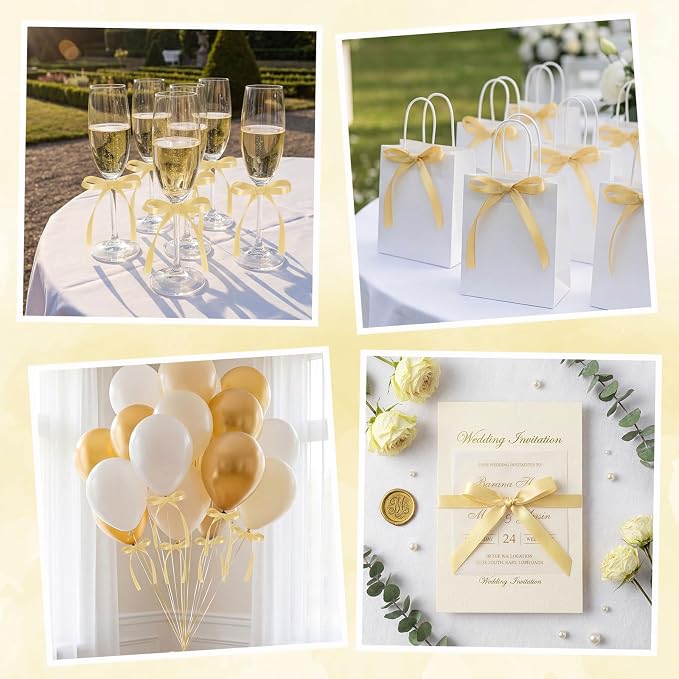 30 Pack Bow Cake Toppers Champagne Gold Ribbon Bows for Cake Bow Cupcake Toppers Back to School Decorations Bow Birthday Decorations for Baby Shower, Wedding, Engagement, Bachelorette Party