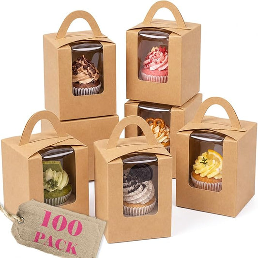 Bakepacker Individual Cupcake Boxes with Window 100 Count Brown Single Cupcakes Box 3.6"X3.6"X4.3" Cupcake Carrier
