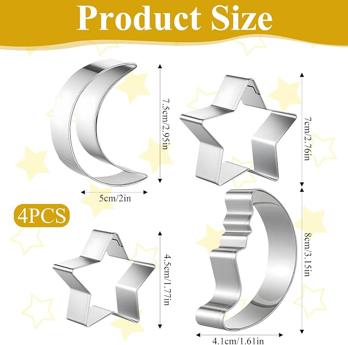 4 Pcs Moon and Star Cookie Cutter Set, Stainless Steel Star and Moon Shapes Cookie Cutters Fondant Biscuit Sandwich Cheese Cutter Pastry Mold Bakeware Tools for Baby Shower Party Baking