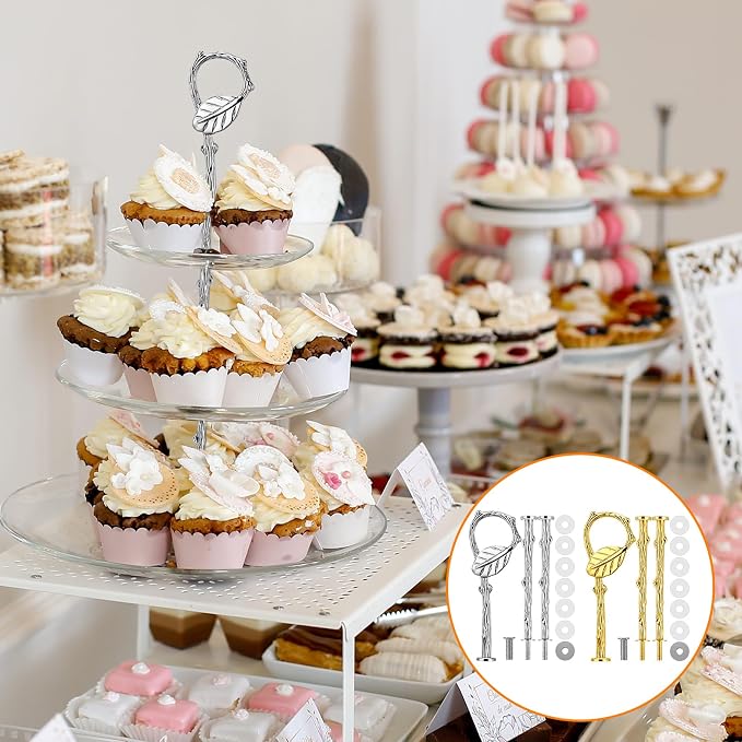 Patelai 3 Tier Cake Stand Hardware Tiered Tray Plate Hardware Kit Heavy Metal Cake Fruit Food Plate Stand Fitting Stacking Kit for Serving Dessert Cupcake Dish (Leaf,Gold,Silver,6 Sets)