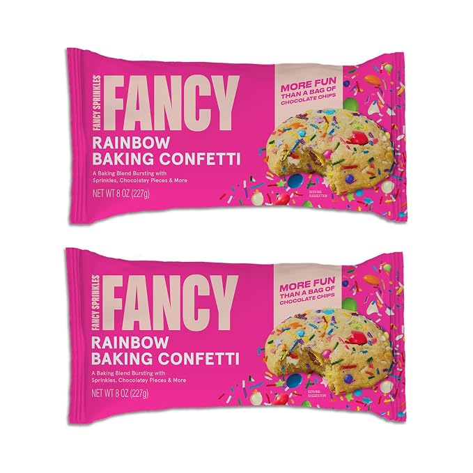 Fancy Sprinkles Rainbow Baking Confetti | Crunchy Jimmies, Chocolate Gems, Candy-Coated Morsels & Star Confetti | Cookie Mix-In & Cake Batter | Birthday & Rainbow Party | 8 oz (2 Pack)