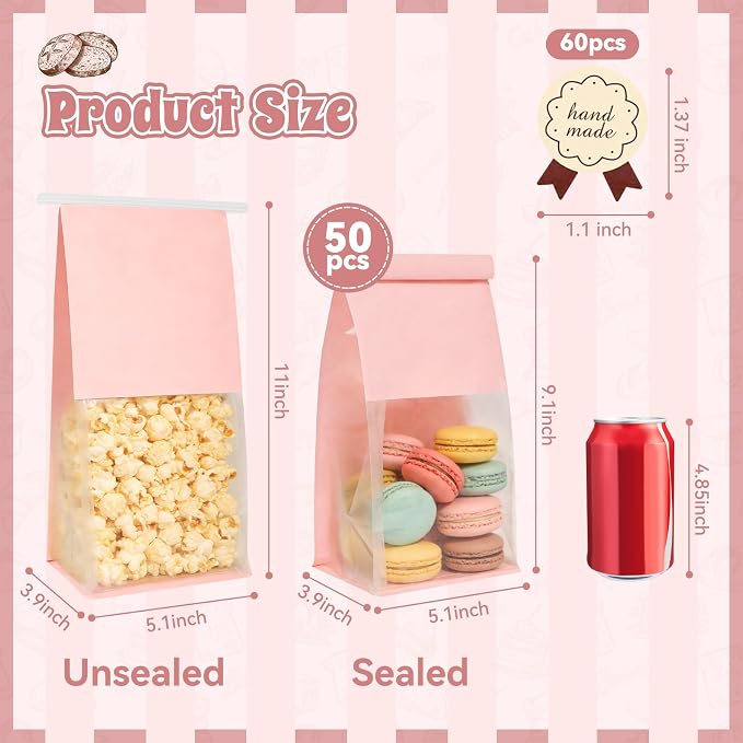 Funcoo 50 Bakery Bags with Window, 5.1x3.9x11 Inches Paper Bread Bags, Tin Tie Tab Lock Cookie Bags Food Storage Bag for Snacks, Popcorn, Candies, 60 pcs Stickers Included