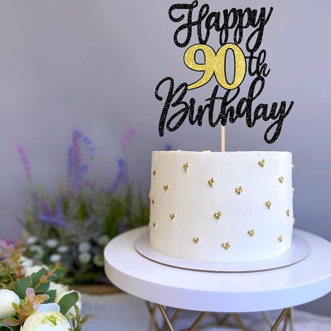 1 PCS Happy 90th Birthday Cake Topper Black Gold Glitter Cheers to 90 Years Birthday Cake Pick 90 Fabulous Cake Decoration for Happy 90th Birthday Anniversary Party Decorations Supplies