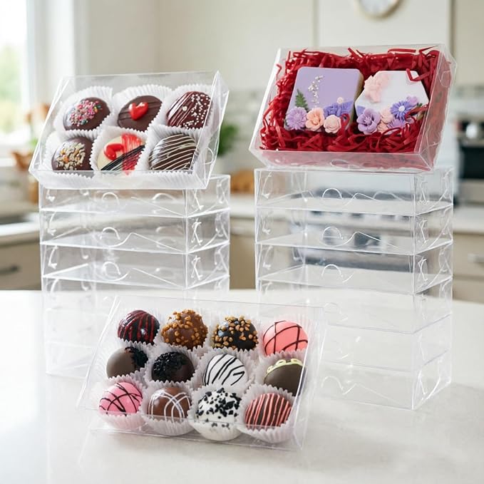 15PCS 7x4.3x1.5 Inch Clear Chocolate Covered Ore Boxes Cookie Boxes with Window Bakery Boxes for Truffle,Cakesickle, Bomb Dount,Cake & Gift Treat Boxes for Party Favors