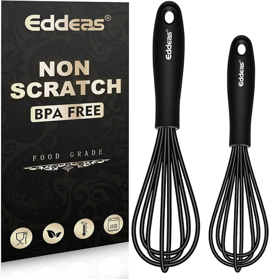 Eddeas Silicone Mini Whisk, Small whisks Non-Stick Tiny Whisks set of 2（5.5in & 7.5in）-Heat Resistant (450°F) Whisks, Balloon Egg Beater Perfect for Whisking, Beating, Mixing, Blending, Black