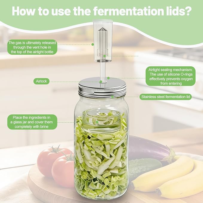 Fermentation Kit for Wide Mouth Mason fermentation Jar,Pickle sauerkraut Kit,4 Fermentation Lids,4 Glass Fermentation Weights,1Wooden Brush Cleaner(Jars Not Included)