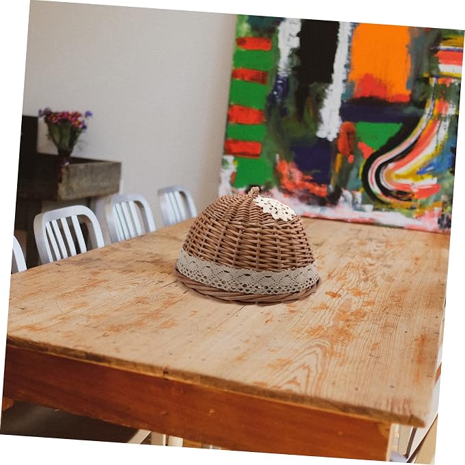 Zerodeko 1Pc Hand Woven Rattan Food Cover Vintage Style Vegetable Protector Dual Use Storage Basket for Kitchen Party Wood Color Design Craftsmanship