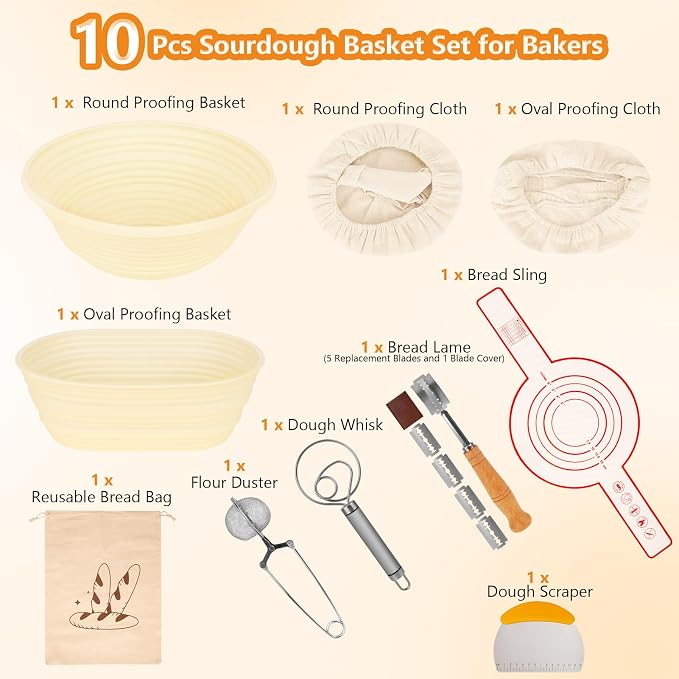 10PS Banneton bread proofing basket Set - 9" Round & 10" Oval Silicone sourdough basket with sourdough tools - Includes proofing basket, lame, scraper, liner - Foldable, Hygienic for Beginners & Pros