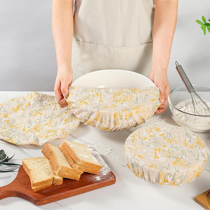 Reusable Bowl Covers for Bread Proofing Baking Embroidered Dandelion Linen Cotton Cloth Fabric Washable with Elastic Cover for Food Fruit Salad Eco-friendly (Beige Dandelion)