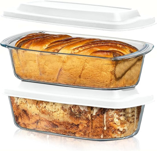 Razab LARGE 7.6 Cups/1800 ML/1.9 Qt Glass Loaf Pan with Lids (Set of 2) - Meatloaf Pan BPA free Airtight Lids Grip Handle Easy Carry, Microwave and Oven Safe - Loaf Pans For Baking Bread, Cakes