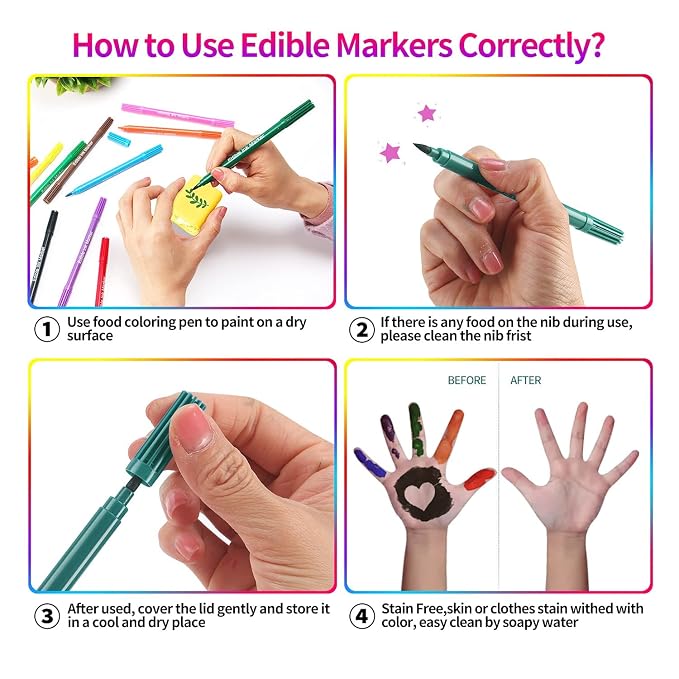 Fanika Edible Markers Food Coloring Pens 10 Colors, Double-sided Fine Tip Food Grade Pens and Edible Marker for Cookies Decorating Fondant, Cakes, Frosting, Easter Eggs