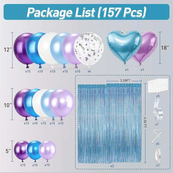 157Pcs Mermaid Party Balloons Garland Arch Kit with Fringe Curtain for Girl Princess Woman Birthday Bridal Baby Shower Engagement Wedding Under the Sea Party Decorations