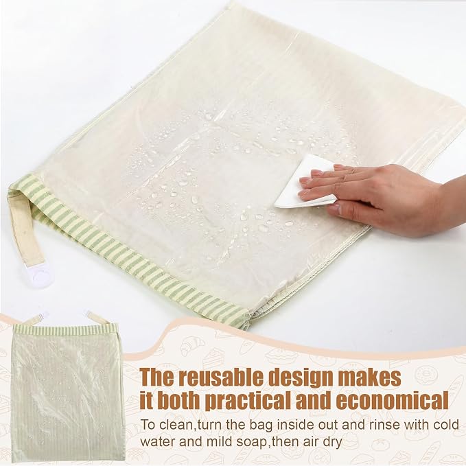 2 Pack Reusable Striped Bread Bags Set with Drawstring Cotton Linen Food Storage Bags for Homemade Bread & Sourdough 17"x 13" Lined Food Bag Cover Keep Loaves Fresh Longer(Green Stripes)