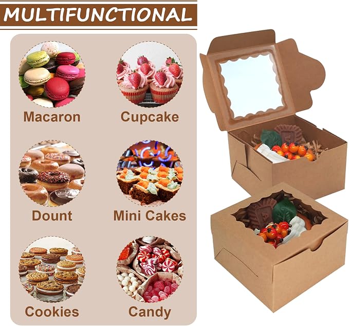 XINHPKGG 100pcs Cookie Boxes 4x4x2.5 Inch Bakery Boxes with Window Treat Box Dessert Box for Wedding Favors Party - Brown