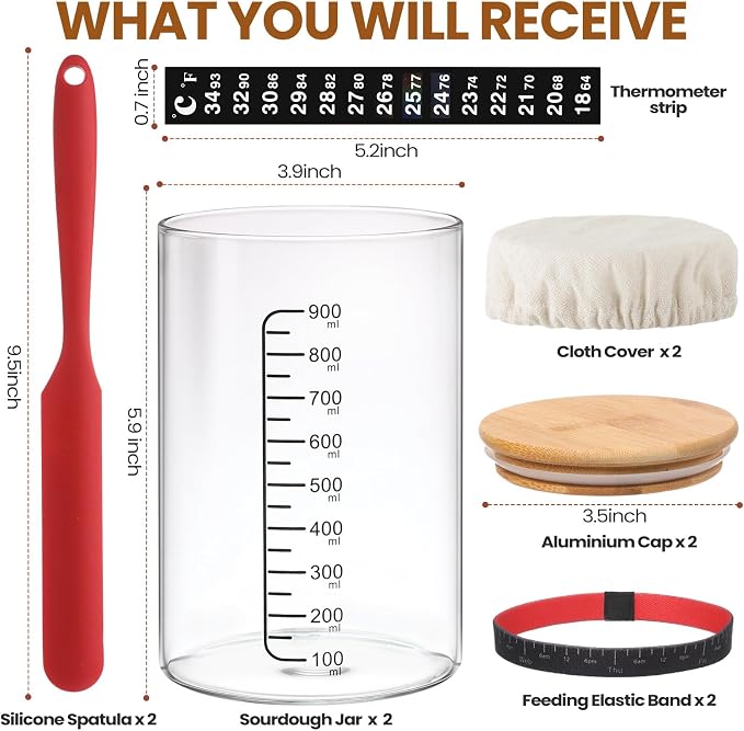 Yungyan 2 Sets Sourdough Starter Jar 34 oz Sourdough Starter Kit with Thermometer, Scraper, Cloth Cover and Bamboo Lid Wide Mouth Sour Dough Jar Container Bread Kit