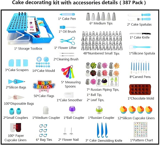 Cake Decorating Kit, 387 Pcs Baking Supplies (Blue) | 56 Icing Tips, 8 Russian+Ball Tips, 3 Spatulas, 5 Couplers, 8 Carved Pens, 102 Pastry Bags, Storage Box & More