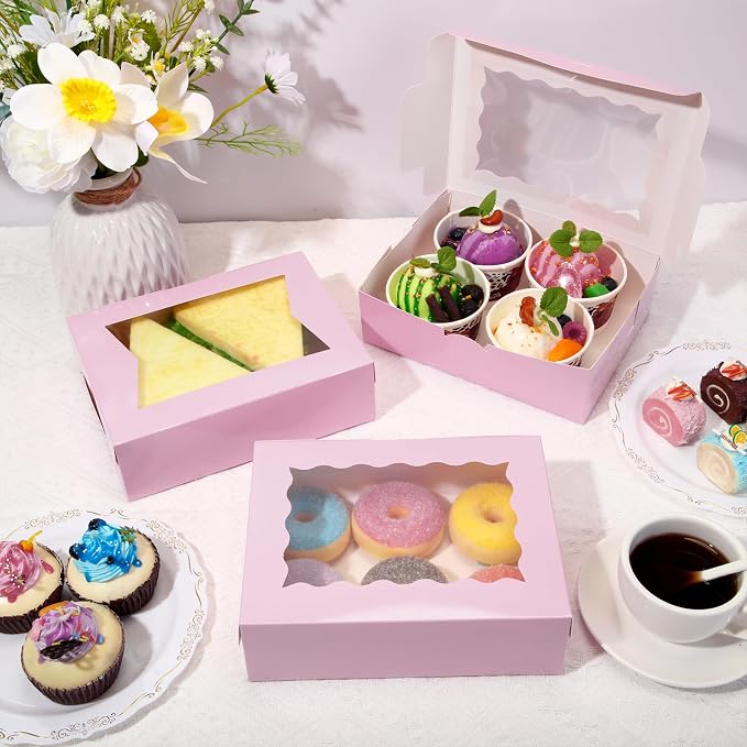 TaoBary 100 Pcs 8 Inch Bakery Boxes 8 x 6 x 2.5 Inch Cookie Pastry Boxes with 2 Style Window for Cookie Treat Chocolate Strawberries Cupcakes Candy Muffins(Pink)
