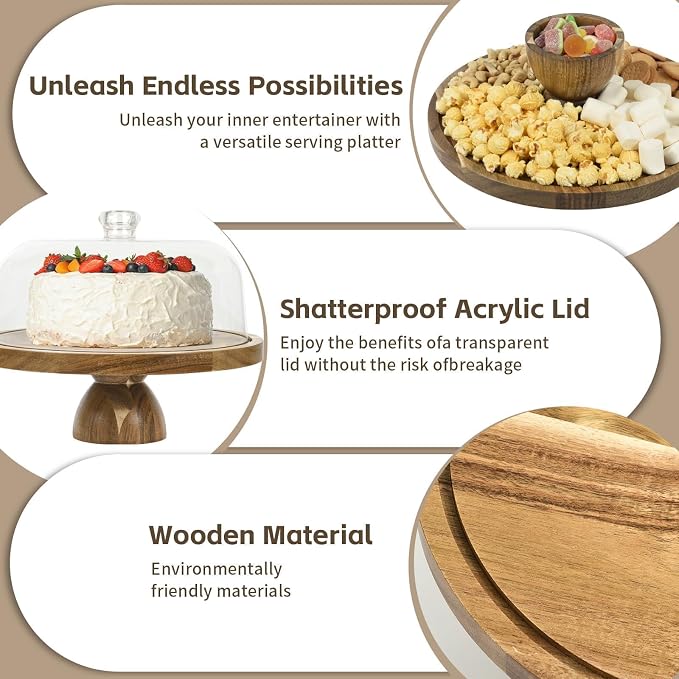 Acacia Wood Cake Stand with Lid, 2-In-1 Cake Plate with Acrylic Lid, 12in Round Dessert Table Display Set, Raise Dome for Charcuterie Board, Cheese, Chips & Dips, Nachos, Fruit Platter (12in)