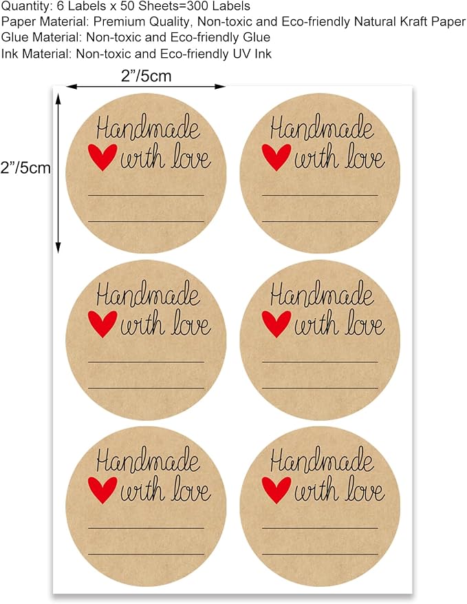 300pcs 2" Handmade with Love Kraft Stickers, Eco-Friendly Canning Labels for Mason Jar with Lines for Writing, Gift Tags for Handmade DIY Gifts, Foods, Treats, Crafts, Beauty, Gift Decoration