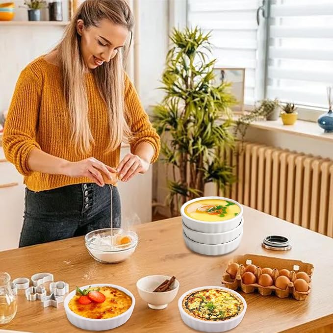 8 oz Creme Brulee Ramekins,6 Pack Porcelain Ramekins Oven Safe,Round Fluted Quiche Dishes,Mini Tart Pans for Baking Souffle,Mini Pies,Dipping Sauces,Tart