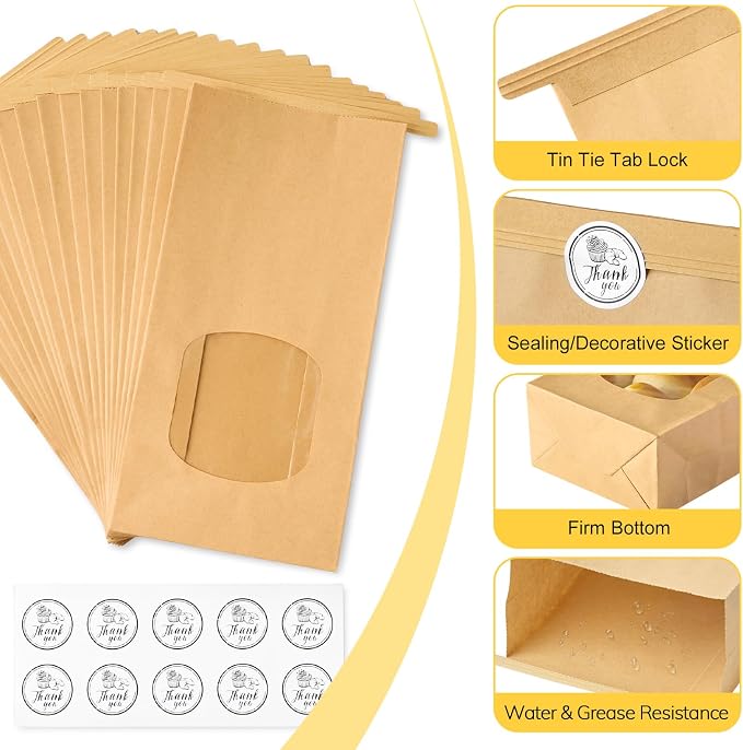 Ocmoiy Medium Bakery Cookie Bags with Window, 4.5x2.36x9.6 Inches, 100 Pcs | Tin Tie Tab Lock, Kraft Paper Bags, With Thank You Stickers, For Cookie, Coffee, Bread