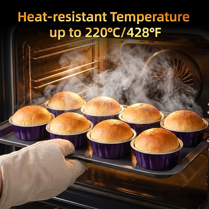 Beasea Disposable Ramekins with Lids, 120 Pack 8 oz 4 Inch Mini Aluminum Foil Creme Brulee Baking Cups Small Round Cupcake Muffin Tins Baking Cups Individual Containers for Party - Violet Purple