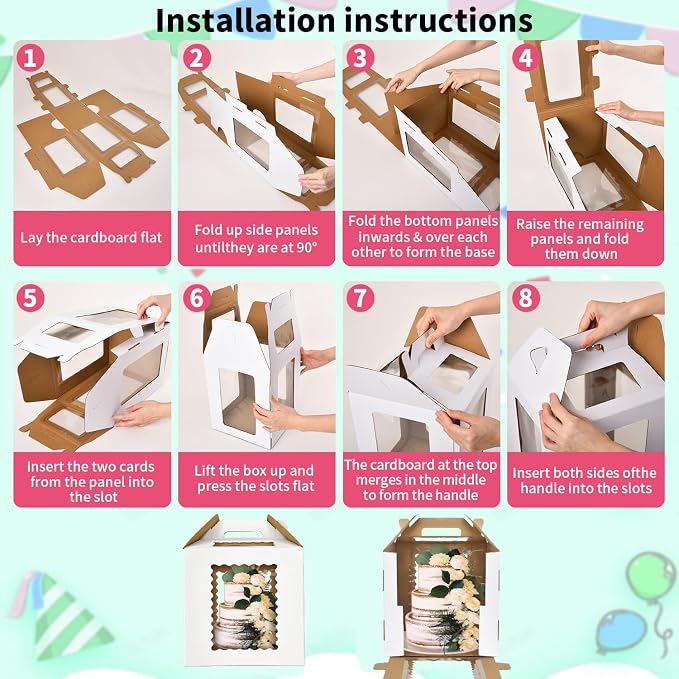 3 Pack 12x12x12 Inch Tall Cake Boxes with windows,10in 12in Tall Cake Carrier, Large Tiered Cake Box,Disposable Layer Tall Baking Carrier with Handle for Wedding, Birthday