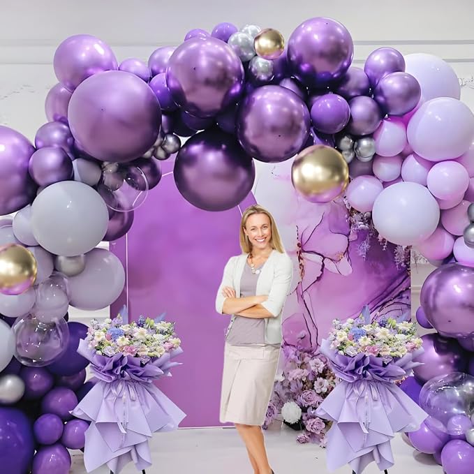MEBAY Purple and Gold Balloons Arch Kit, 166Pcs Dark Purple Metallic Lavender Lilac Violet Gold Chrome Balloons for Baby Shower Girl Princess Party Wedding Decorations