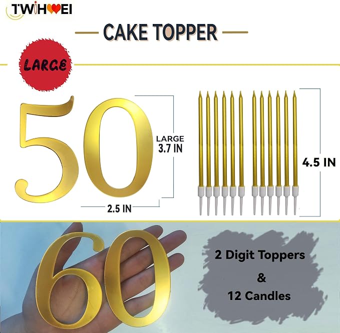 3.7IN Gold Acrylic Number 1-10 Cake Topper with 12 Gold Long Candles - Perfect for Birthday Party Supplies, Ideal for Cake Decoration (Number 50, Gold)
