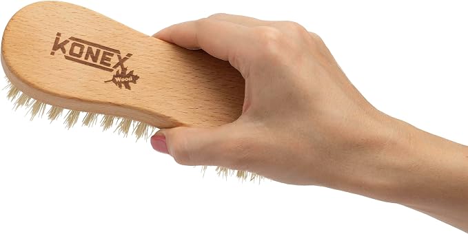 KONEX Nylon Fiber Economy Utility Cleaning Hand Brush | Heavy Duty Hand-Held Scrub Brush Stiff Bristles | Wooden Body, Ideal Scrub Brushes for Cleaning (Peanut Shaped) (Pack of 2)