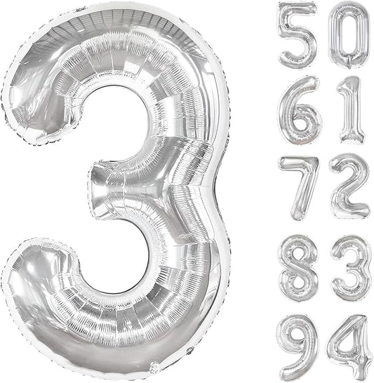 Silver 3 Balloon, Number Balloons 40 Inch, 3rd Birthday Decorations for Kids Girls Boys, Men Women Silver Party Supplies for Party Decorations, Number 3 Balloon