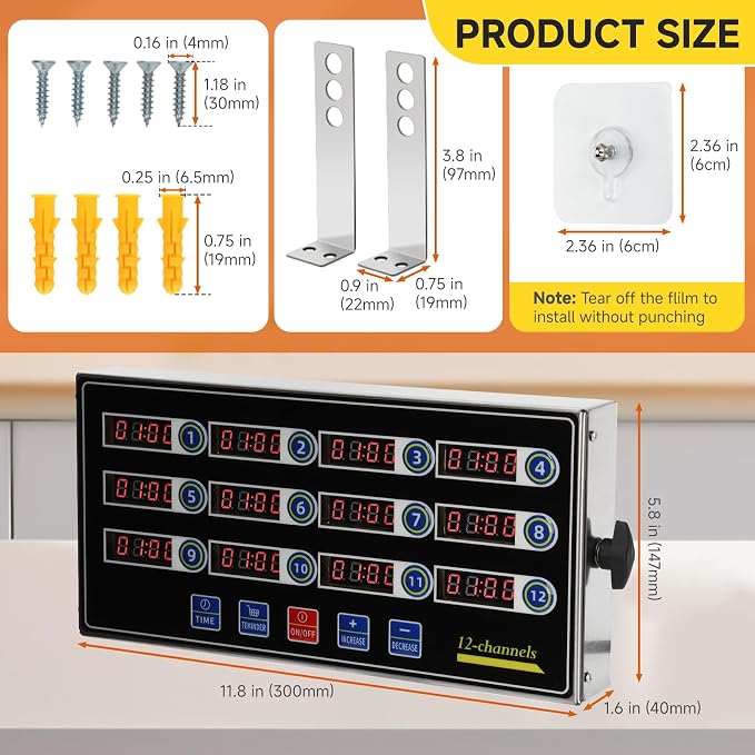 Commercial Kitchen Timers for Cooking, 12-Channel Timer for Commercial Kitchens, Heavy-Duty Loud Alarm Timer for Restaurants, Stainless Steel, LED Technology
