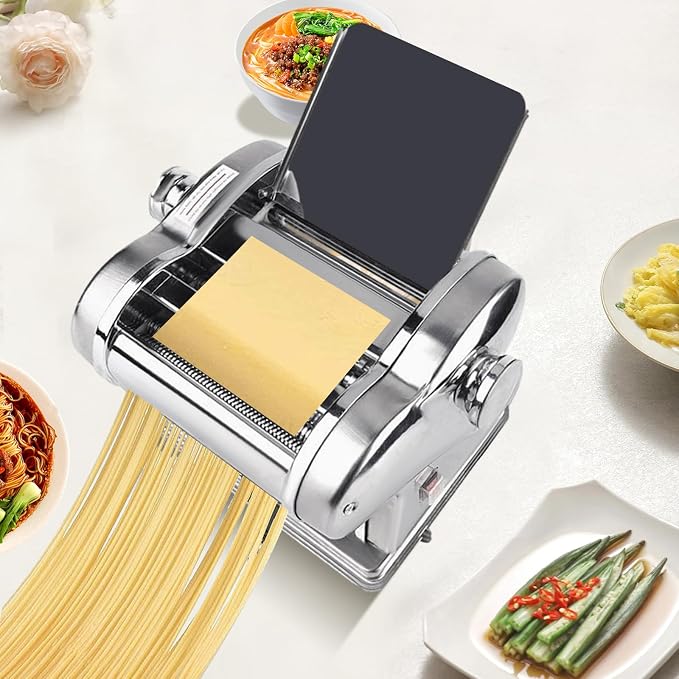 Electric Dough Roller Sheeter, 135w Stainless Steel Automatic Noodle Pasta Maker Machine 6 Thickness Knobs Spaghetti Roller Pressing Machine for Commercial and Homemade Use (110V)