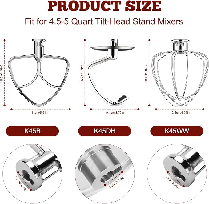 Stainless Steel Mixer Attachments for KitchenAid 4.5-5 Qt Tilt-Head Stand Mixer, Dishwasher Safe Set with Wire Whip, Dough Hook and Flat Beater, Heavy Duty Replacement Accessories for Baking