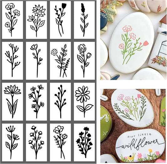 16Pcs Scroll Tile Small Wildflower Flower Cookie Stencils for Baking, Royal Icing, Sugar Cookie, Art Cards Decorating Tools ﻿
