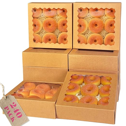 qiqee Auto-pop Up 240pcs Brown Pastry Box With Window Donut Pie Boxes 8"x8"x2.5" Bakery Box