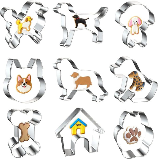 9 PCS Dog Cookie Cutters Set, Assorted Dogs Shape Stainless Steel Metal Cookie Cutters, Bone Dog Paw Corgi Labrador Shape Cookie Cutter Molds for Dog Theme Party Homemade Treats Baking