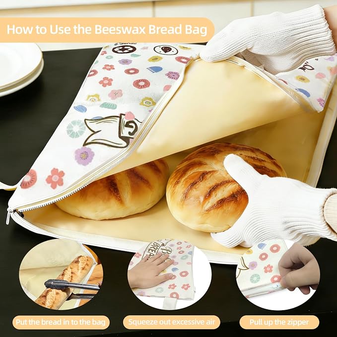 2 Pack Beeswax Bread Bags for Sourdough Homemade Bread, Organic Linen Reusable Natural Bread Storage Bag, Keep Fresh Moisture, Freezer-Friendly, Large Capacity Food Storage Cloth Bag