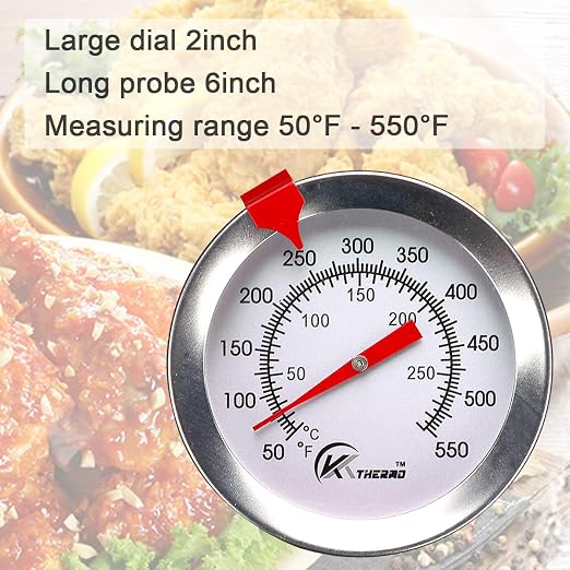 KT THERMO Deep Fry Thermometer with Instant Read,Dial Thermometer,6" Stainless Steel Stem Meat Cooking Thermometer,Best for Turkey,BBQ,Grill