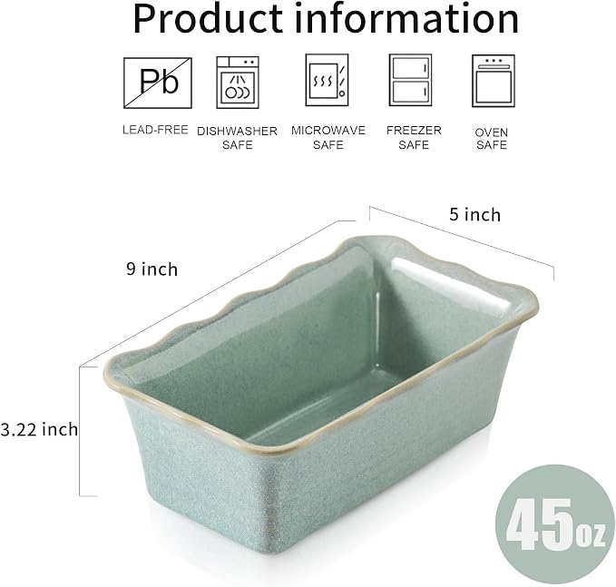HVH Ceramic Loaf Pan for Baking Bread, Rectangular Baking Bread Loaf Pan, 9 x 5 inch Bread Pan, Bread Baking Pan for Cooking, Wave Series, Farmhouse Style (Turquoise)