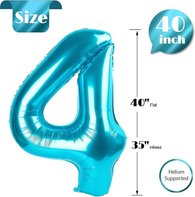 Light Blue Number 4 Balloon 40 Inch, 4th Birthday Party Decorations for Children, Giant 4 Foil Balloon for Party Supplies