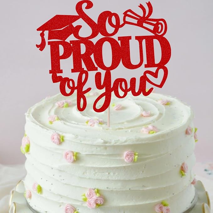 1 Pack So Proud of you Cake Topper with Gold Glitter Diploma Graduation Cap Cake Pick Contrats Class of 2024 Cake Decorations for 2024 Graduation Theme High School Boys Girls Graduate Party Red