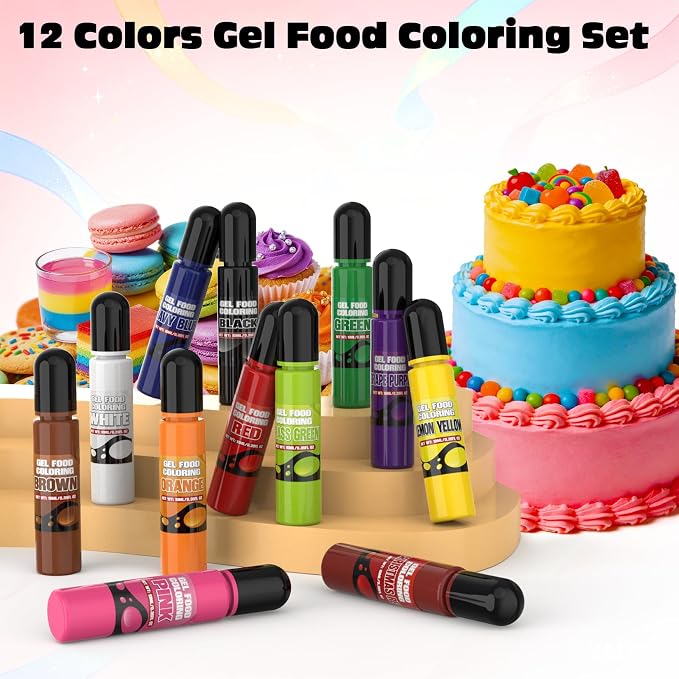 Gel Food Coloring Set with 12 Colors Food Coloring Dye for Baking Concentrated Food Coloring Gel for Icing, Candy, Cake Decorating, 0.35 Fl. Oz/Bottles