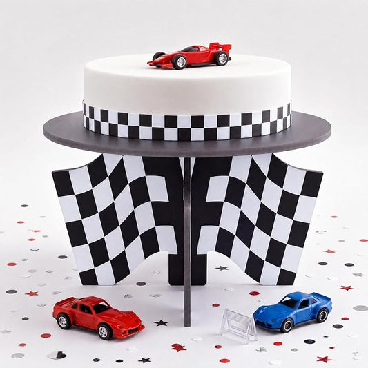 Lallisa 12" Racing Car Theme Cake Stand Black 3D Racing Party Decorations with Black and White Checkered Flag Base PVC Dessert Holder Centerpieces for Two Fast Theme Birthday Party Supplies