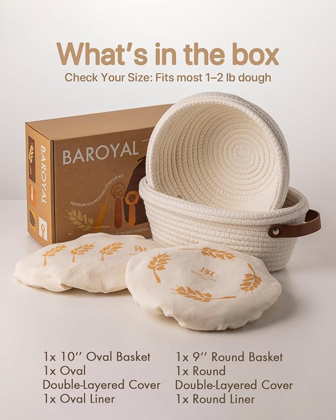 Crispier Crust Cotton Rope Banneton Bread Proofing Basket Set, Oval & Round Bread Baskets with Liners & Covers for Artisan Bread Baking, Sourdough Bread Baking Supplies(Off White)